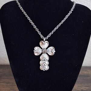Vintage Pewter Dogwood Flower Cross Pendant & Necklace By Marcie  made in USA